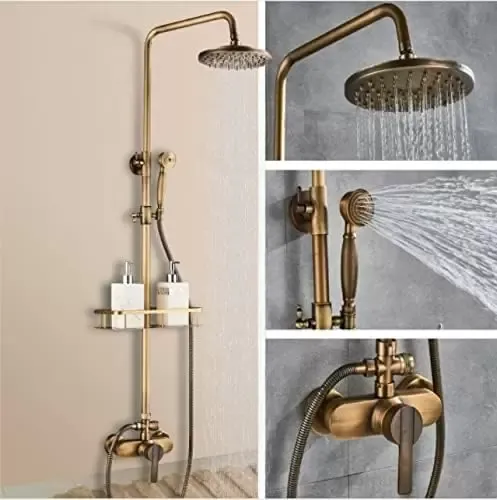 Sistema de ducha lluvia, grifo completo, cabezal de ducha de 75-120 cm, ajustable, con estante