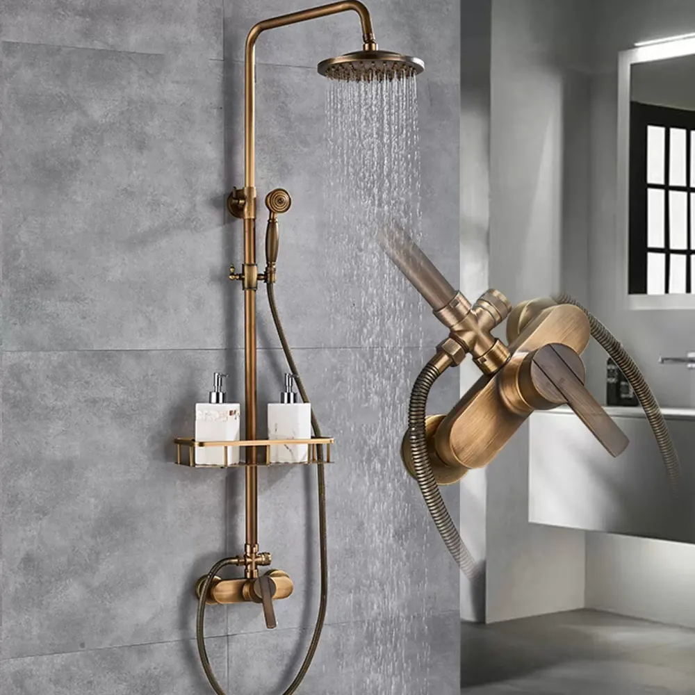 Sistema de ducha lluvia, grifo completo, cabezal de ducha de 75-120 cm, ajustable, con estante