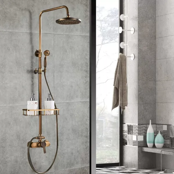 Sistema de ducha lluvia, grifo completo, cabezal de ducha de 75-120 cm, ajustable, con estante Sistema de ducha lluvia, grifo completo, cabezal de ducha de 75-120 cm, ajustable, con estante