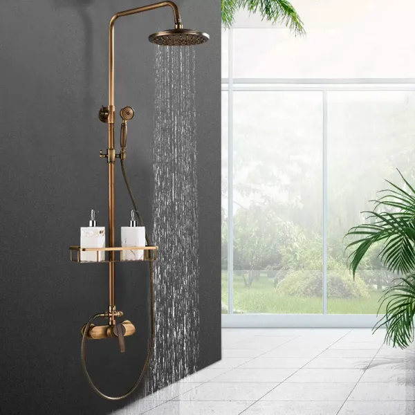 Sistema de ducha lluvia, grifo completo, cabezal de ducha de 75-120 cm, ajustable, con estante Sistema de ducha lluvia, grifo completo, cabezal de ducha de 75-120 cm, ajustable, con estante