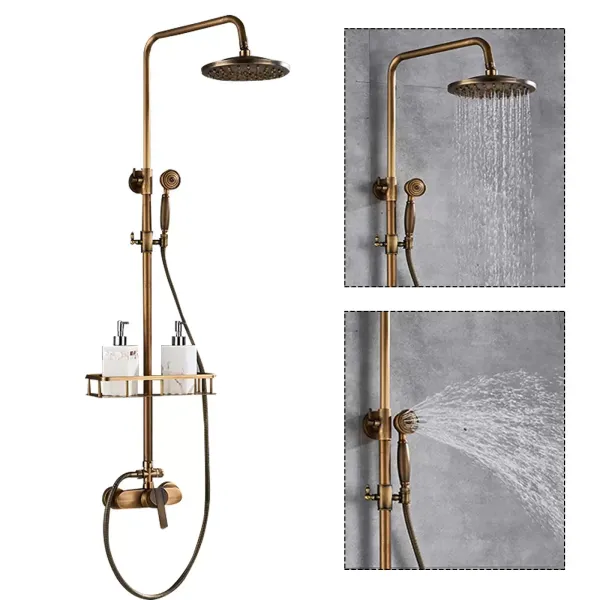 Sistema de ducha lluvia, grifo completo, cabezal de ducha de 75-120 cm, ajustable, con estante Sistema de ducha lluvia, grifo completo, cabezal de ducha de 75-120 cm, ajustable, con estante