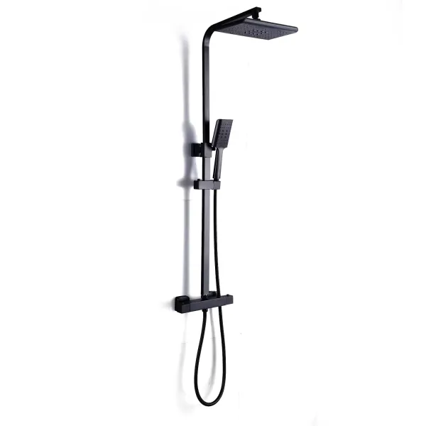Sistema de ducha con termostato, 90 – 110 cm de altura regulable, acero inoxidable, con ducha de mano y alcachofa de 18 x 27 cm, color negro
