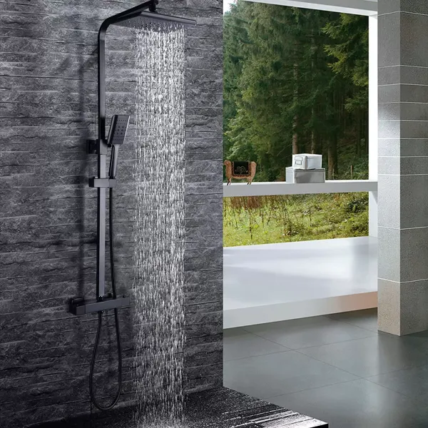 Sistema de ducha con termostato, 90 – 110 cm de altura regulable, acero inoxidable, con ducha de mano y alcachofa de 18 x 27 cm, color negro Sistema de ducha con termostato, 90 – 110 cm de altura regulable, acero inoxidable, con ducha de mano y alcachofa de 18 x 27 cm, color negro