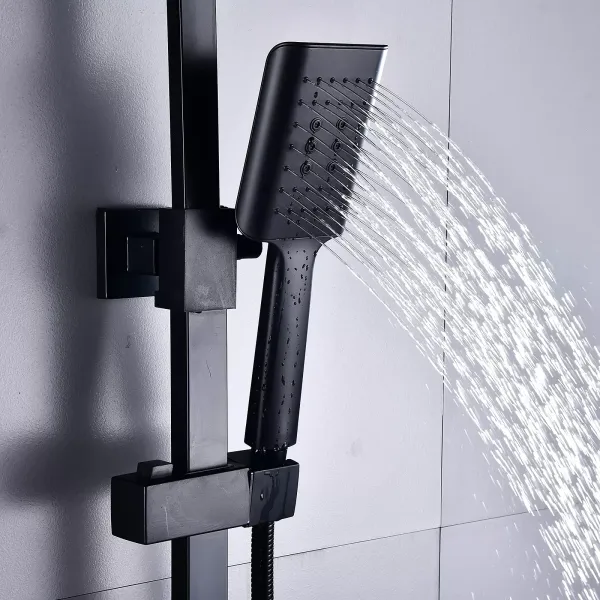 Sistema de ducha con termostato, 90 – 110 cm de altura regulable, acero inoxidable, con ducha de mano y alcachofa de 18 x 27 cm, color negro