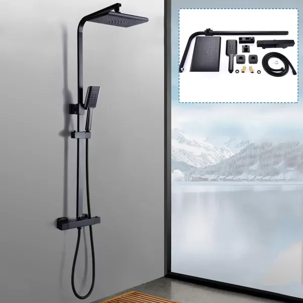 Sistema de ducha con termostato, 90 – 110 cm de altura regulable, acero inoxidable, con ducha de mano y alcachofa de 18 x 27 cm, color negro Sistema de ducha con termostato, 90 – 110 cm de altura regulable, acero inoxidable, con ducha de mano y alcachofa de 18 x 27 cm, color negro