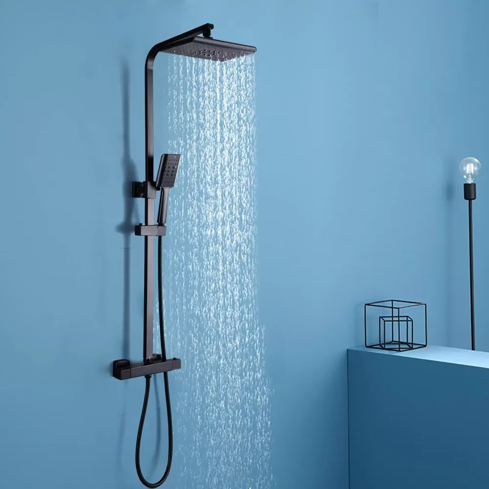 Sistema de ducha con termostato, 90 – 110 cm de altura regulable, acero inoxidable, con ducha de mano y alcachofa de 18 x 27 cm, color negro