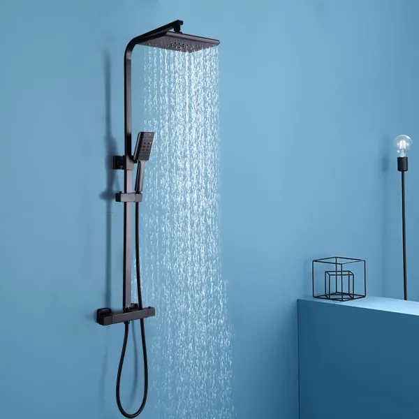 Sistema de ducha con termostato, 90 – 110 cm de altura regulable, acero inoxidable, con ducha de mano y alcachofa de 18 x 27 cm, color negro