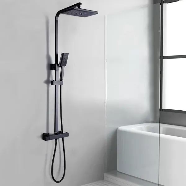 Sistema de ducha con termostato, 90 – 110 cm de altura regulable, acero inoxidable, con ducha de mano y alcachofa de 18 x 27 cm, color negro