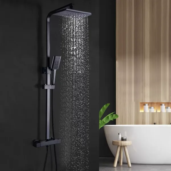 Sistema de ducha con termostato, 90 – 110 cm de altura regulable, acero inoxidable, con ducha de mano y alcachofa de 18 x 27 cm, color negro