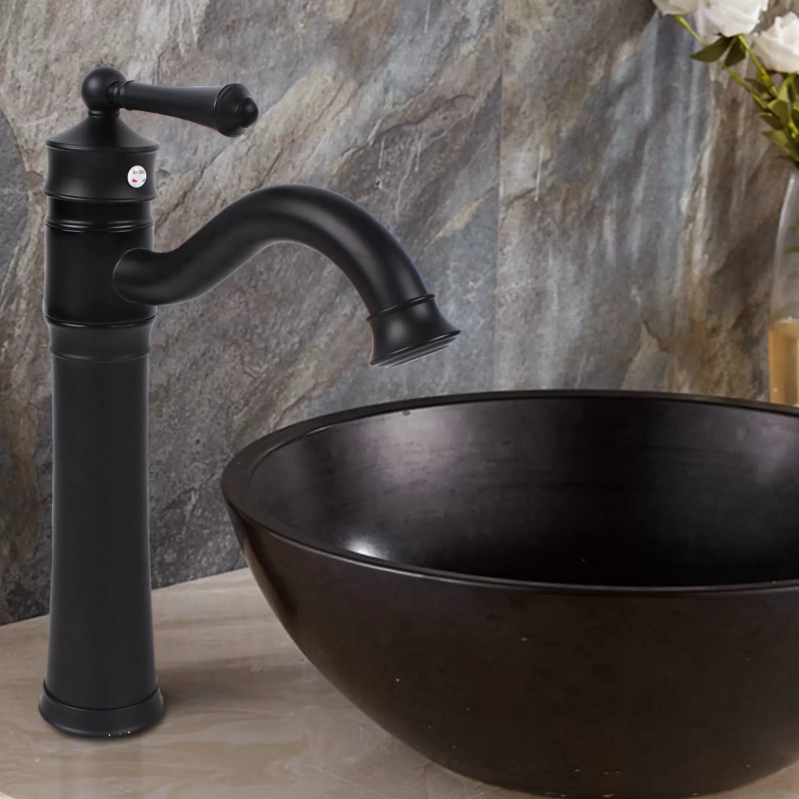 Grifo retro giratorio 360°, grifo de lavabo, negro, monomando, 34 cm de alto, grifo de baño, cocina