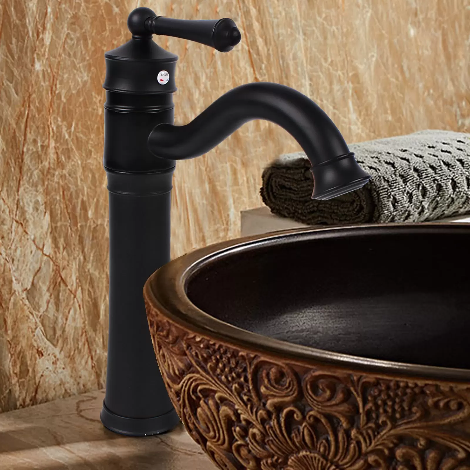 Grifo retro giratorio 360°, grifo de lavabo, negro, monomando, 34 cm de alto, grifo de baño, cocina