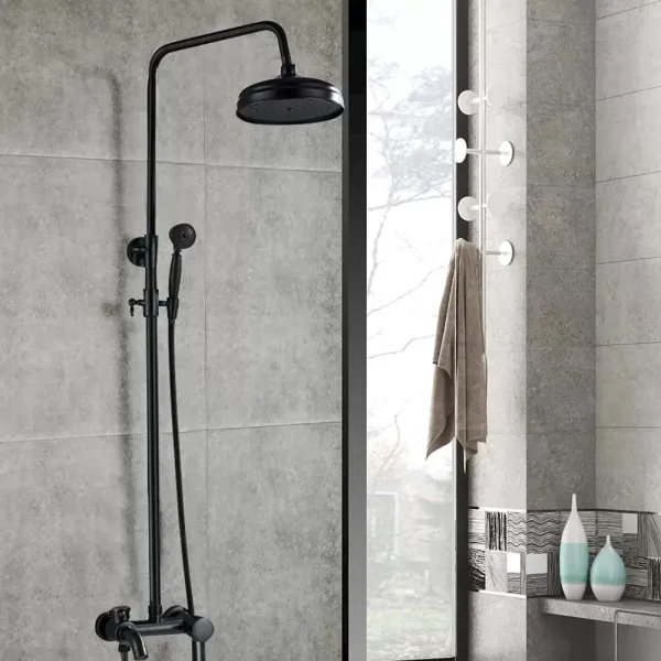 Juego de ducha retro con alcachofa de mano, sistema de ducha completo, altura regulable, acero inoxidable, grifo moderno para cuarto de baño (negro)
