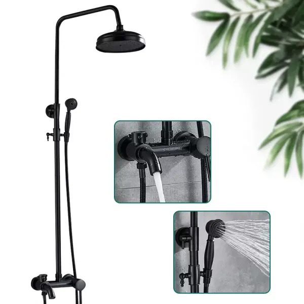 Juego de ducha retro con alcachofa de mano, sistema de ducha completo, altura regulable, acero inoxidable, grifo moderno para cuarto de baño (negro)