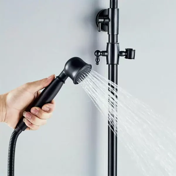 Juego de ducha retro con alcachofa de mano, sistema de ducha completo, altura regulable, acero inoxidable, grifo moderno para cuarto de baño (negro)