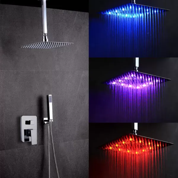 CNCEST Sistema de ducha, termostato, ducha de lluvia, acero inoxidable LED de 3 colores, con alcachofa de mano, altura regulable