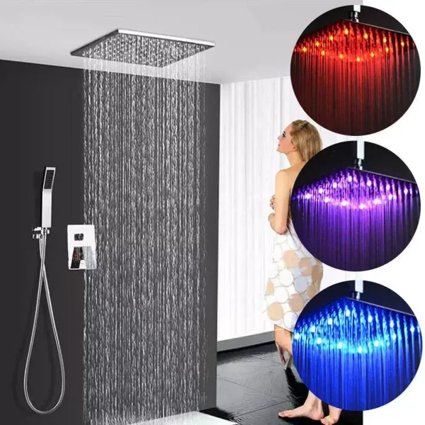 CNCEST Sistema de ducha, termostato, ducha de lluvia, acero inoxidable LED de 3 colores, con alcachofa de mano, altura regulable