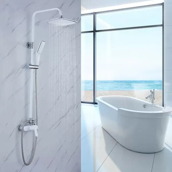 Sistema de ducha de lluvia, alcachofa de ducha, columna de ducha Rainshower ajustable, barra de ducha, alcachofa de mano, color blanco Sistema de ducha de lluvia, alcachofa de ducha, columna de ducha Rainshower ajustable, barra de ducha, alcachofa de mano, color blanco