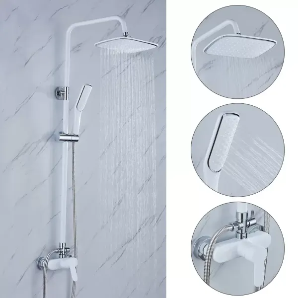 Sistema de ducha de lluvia, alcachofa de ducha, columna de ducha Rainshower ajustable, barra de ducha, alcachofa de mano, color blanco Sistema de ducha de lluvia, alcachofa de ducha, columna de ducha Rainshower ajustable, barra de ducha, alcachofa de mano, color blanco