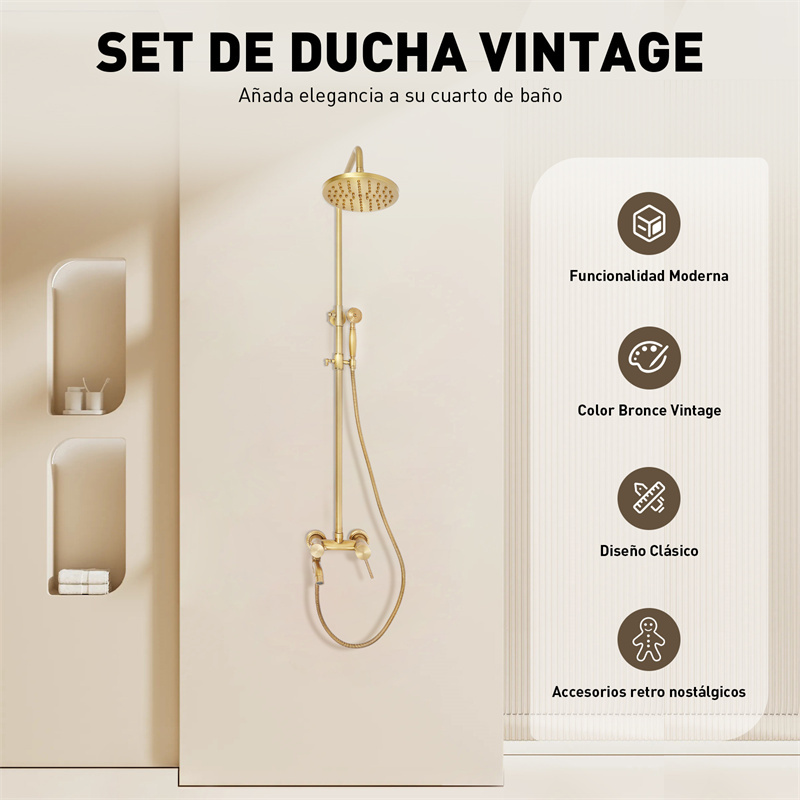 CNCEST Juego de ducha de bronce antiguo, para cuarto de baño, con ducha de lluvia redonda, cabezal de ducha y ducha de mano, ajustable