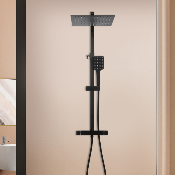 CNCEST 30 cm sistema de ducha moderno con termostato, ducha de lluvia con alcachofa superior y 3 funciones, altura ajustable, color negro CNCEST 30 cm sistema de ducha moderno con termostato, ducha de lluvia con alcachofa superior y 3 funciones, altura ajustable, color negro