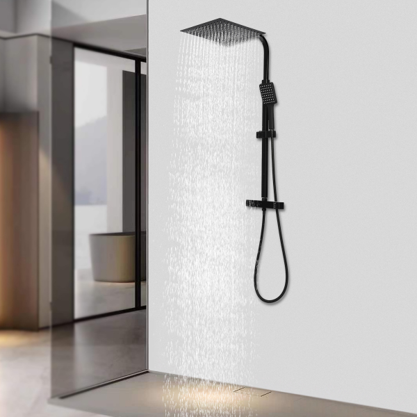 CNCEST 30 cm sistema de ducha moderno con termostato, ducha de lluvia con alcachofa superior y 3 funciones, altura ajustable, color negro