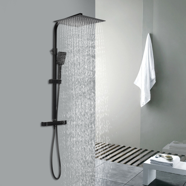 CNCEST 30 cm sistema de ducha moderno con termostato, ducha de lluvia con alcachofa superior y 3 funciones, altura ajustable, color negro CNCEST 30 cm sistema de ducha moderno con termostato, ducha de lluvia con alcachofa superior y 3 funciones, altura ajustable, color negro