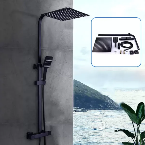CNCEST 30 cm sistema de ducha moderno con termostato, ducha de lluvia con alcachofa superior y 3 funciones, altura ajustable, color negro