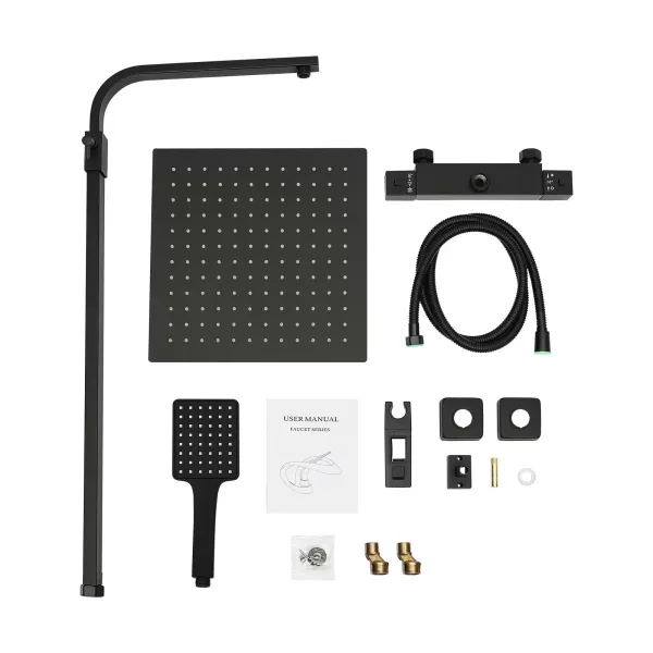 CNCEST 30 cm sistema de ducha moderno con termostato, ducha de lluvia con alcachofa superior y 3 funciones, altura ajustable, color negro