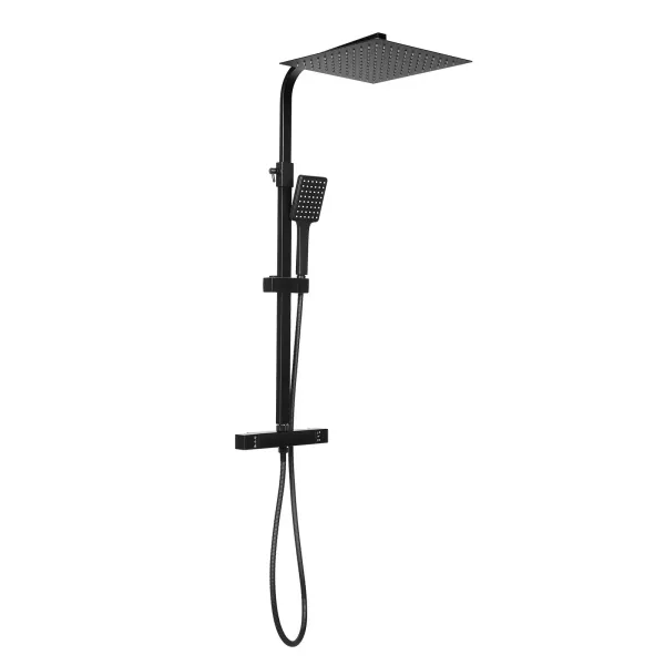 CNCEST 30 cm sistema de ducha moderno con termostato, ducha de lluvia con alcachofa superior y 3 funciones, altura ajustable, color negro