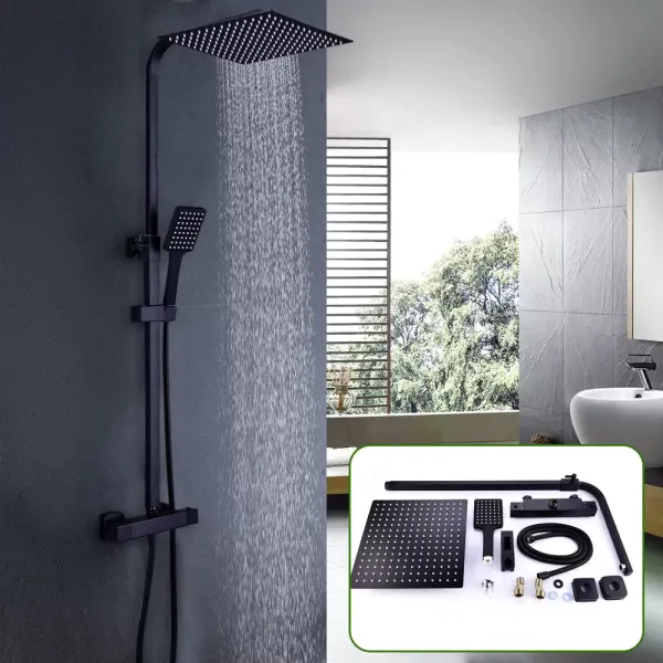CNCEST 30 cm sistema de ducha moderno con termostato, ducha de lluvia con alcachofa superior y 3 funciones, altura ajustable, color negro