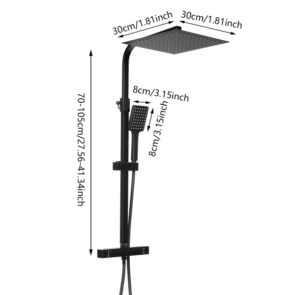 CNCEST 30 cm sistema de ducha moderno con termostato, ducha de lluvia con alcachofa superior y 3 funciones, altura ajustable, color negro