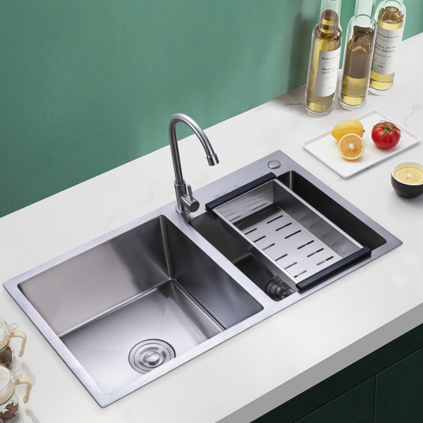Fregadero doble de cocina de 78 x 43 x 21 cm, de acero inoxidable, con escurridor, de 2,5 mm de grosor de acero, fácil instalación, Plata