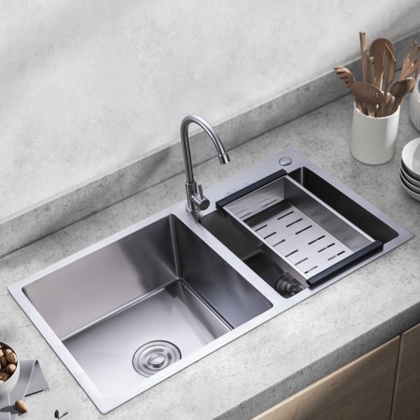 Fregadero doble de cocina de 78 x 43 x 21 cm, de acero inoxidable, con escurridor, de 2,5 mm de grosor de acero, fácil instalación, Plata