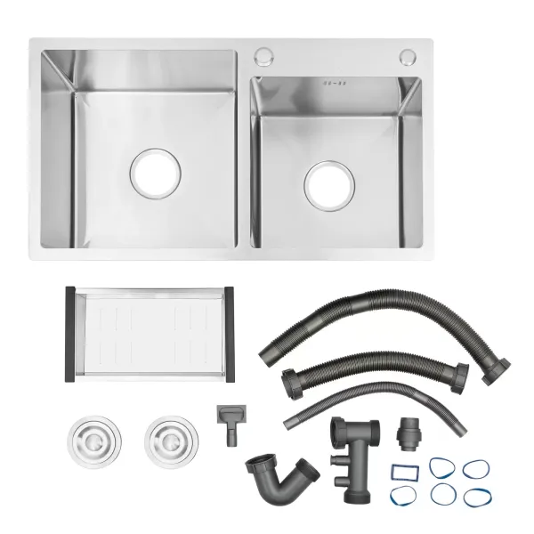 Fregadero doble de cocina de 78 x 43 x 21 cm, de acero inoxidable, con escurridor, de 2,5 mm de grosor de acero, fácil instalación, Plata