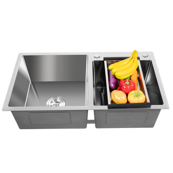 Fregadero doble de cocina de 78 x 43 x 21 cm, de acero inoxidable, con escurridor, de 2,5 mm de grosor de acero, fácil instalación, Plata