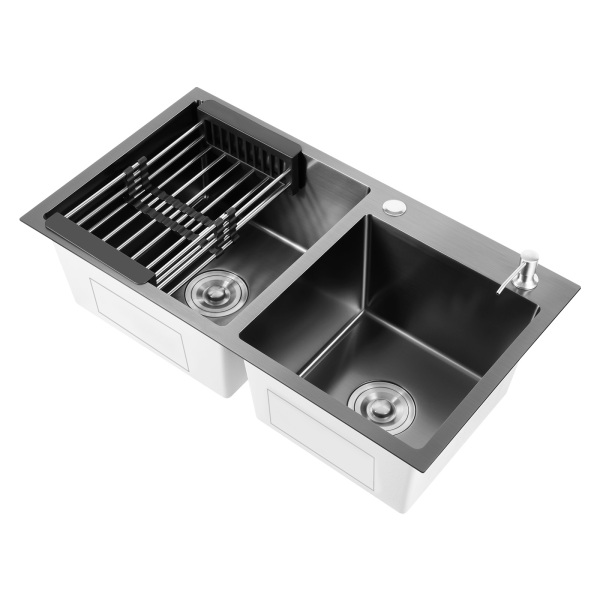 Fregadero empotrable de cocina doble de acero inoxidable con dispensador de jabón, 78 x 43 cm, 2 cuencos, para cocina y lavandería, color negro-gris