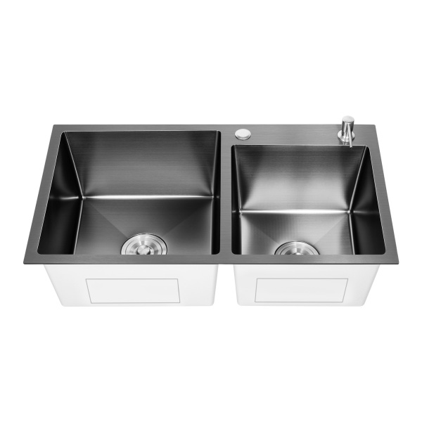 Fregadero empotrable de cocina doble de acero inoxidable con dispensador de jabón, 78 x 43 cm, 2 cuencos, para cocina y lavandería, color negro-gris Fregadero empotrable de cocina doble de acero inoxidable con dispensador de jabón, 78 x 43 cm, 2 cuencos, para cocina y lavandería, color negro-gris