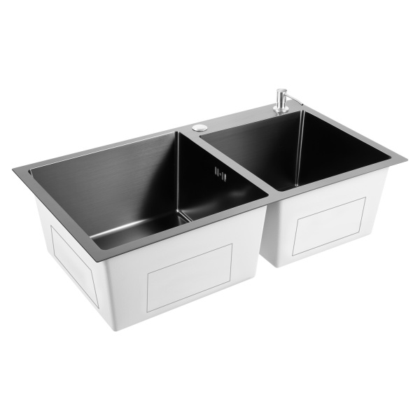 Fregadero empotrable de cocina doble de acero inoxidable con dispensador de jabón, 78 x 43 cm, 2 cuencos, para cocina y lavandería, color negro-gris Fregadero empotrable de cocina doble de acero inoxidable con dispensador de jabón, 78 x 43 cm, 2 cuencos, para cocina y lavandería, color negro-gris