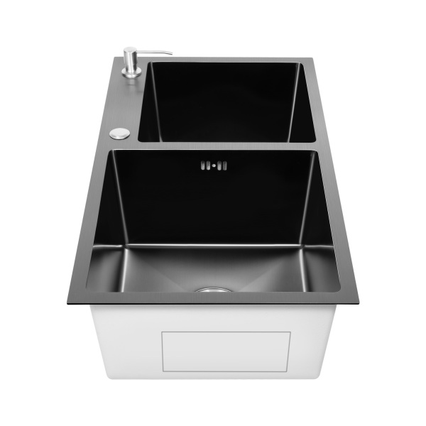 Fregadero empotrable de cocina doble de acero inoxidable con dispensador de jabón, 78 x 43 cm, 2 cuencos, para cocina y lavandería, color negro-gris