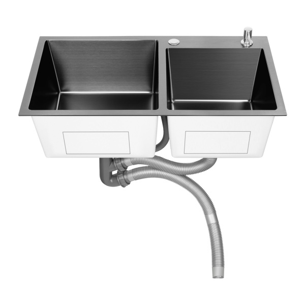 Fregadero empotrable de cocina doble de acero inoxidable con dispensador de jabón, 78 x 43 cm, 2 cuencos, para cocina y lavandería, color negro-gris