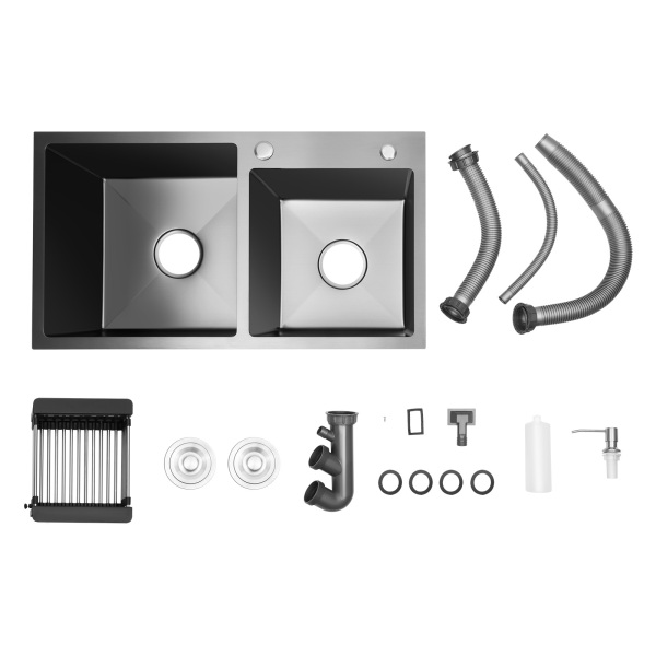 Fregadero empotrable de cocina doble de acero inoxidable con dispensador de jabón, 78 x 43 cm, 2 cuencos, para cocina y lavandería, color negro-gris Fregadero empotrable de cocina doble de acero inoxidable con dispensador de jabón, 78 x 43 cm, 2 cuencos, para cocina y lavandería, color negro-gris