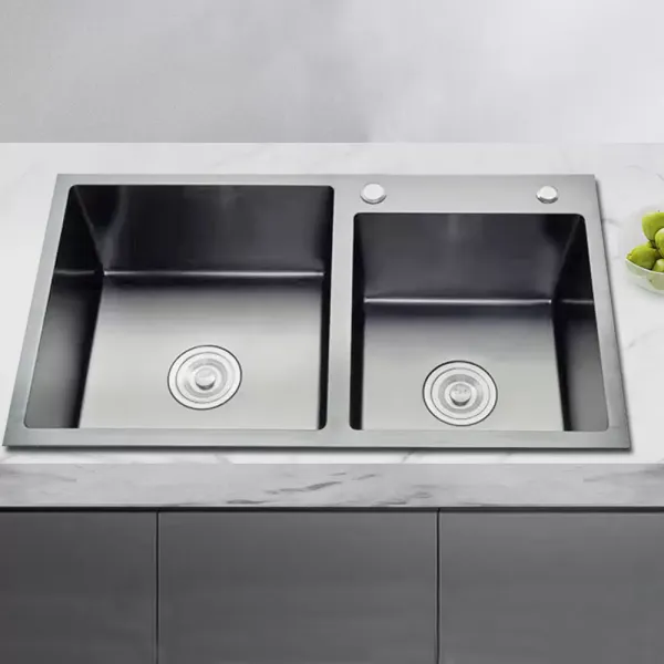 Fregadero empotrable de cocina doble de acero inoxidable con dispensador de jabón, 78 x 43 cm, 2 cuencos, para cocina y lavandería, color negro-gris