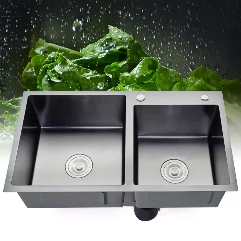 Fregadero empotrable de cocina doble de acero inoxidable con dispensador de jabón, 78 x 43 cm, 2 cuencos, para cocina y lavandería, color negro-gris