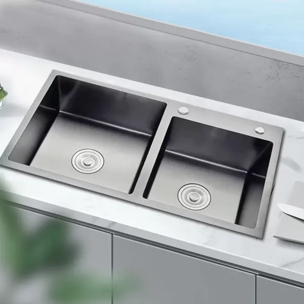 Fregadero empotrable de cocina doble de acero inoxidable con dispensador de jabón, 78 x 43 cm, 2 cuencos, para cocina y lavandería, color negro-gris Fregadero empotrable de cocina doble de acero inoxidable con dispensador de jabón, 78 x 43 cm, 2 cuencos, para cocina y lavandería, color negro-gris