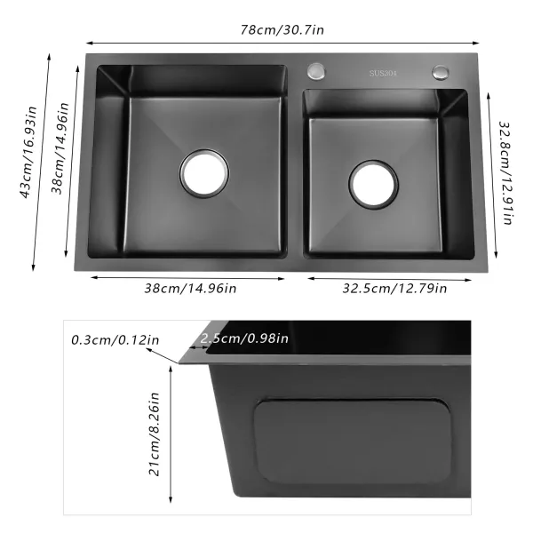Fregadero empotrable de cocina doble de acero inoxidable con dispensador de jabón, 78 x 43 cm, 2 cuencos, para cocina y lavandería, color negro-gris