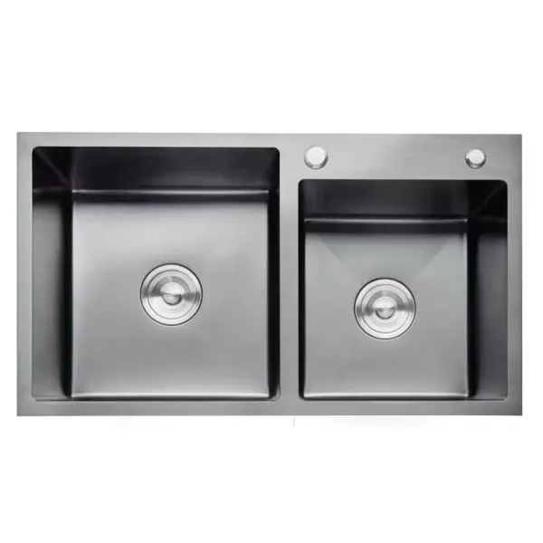 Fregadero empotrable de cocina doble de acero inoxidable con dispensador de jabón, 78 x 43 cm, 2 cuencos, para cocina y lavandería, color negro-gris Fregadero empotrable de cocina doble de acero inoxidable con dispensador de jabón, 78 x 43 cm, 2 cuencos, para cocina y lavandería, color negro-gris