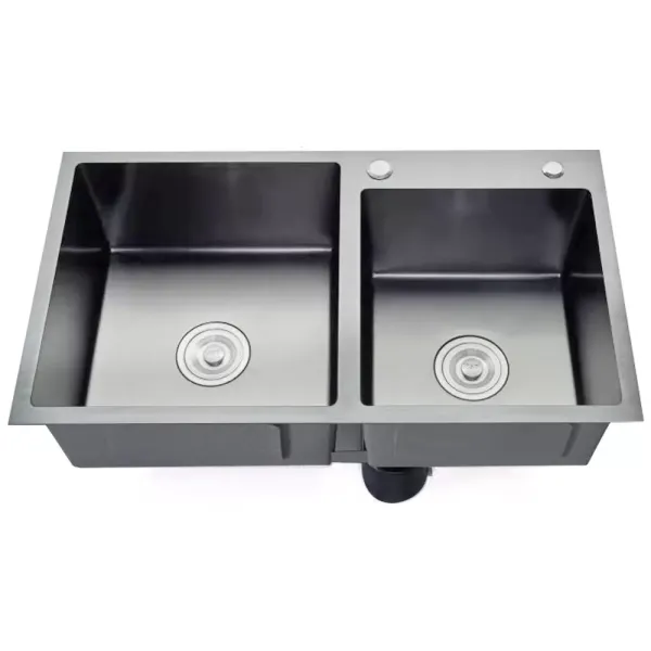 Fregadero empotrable de cocina doble de acero inoxidable con dispensador de jabón, 78 x 43 cm, 2 cuencos, para cocina y lavandería, color negro-gris