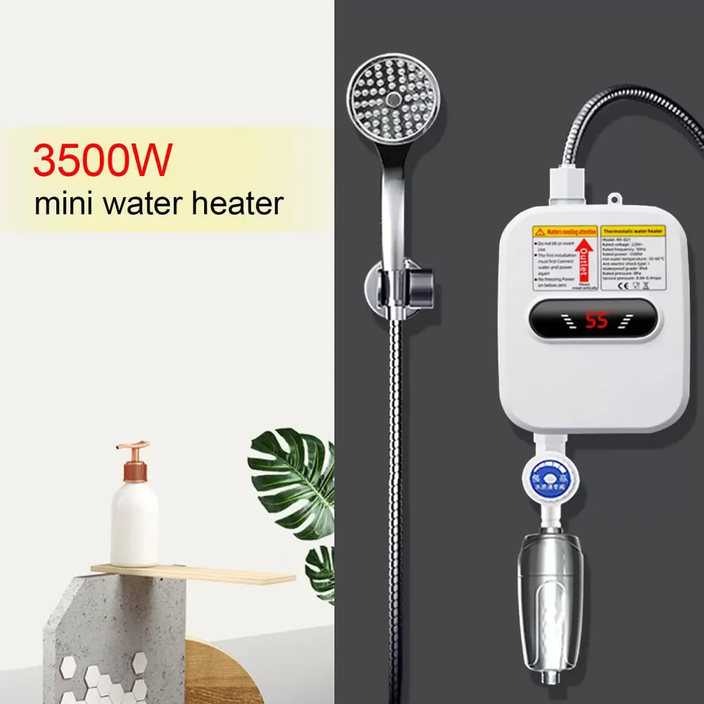 Mini Calentador de agua eléctrico de 3,5 kW, 220 V, con cabezal de ducha, calefacción instantánea para cocina, baño, calentador de agua de 55 ℃