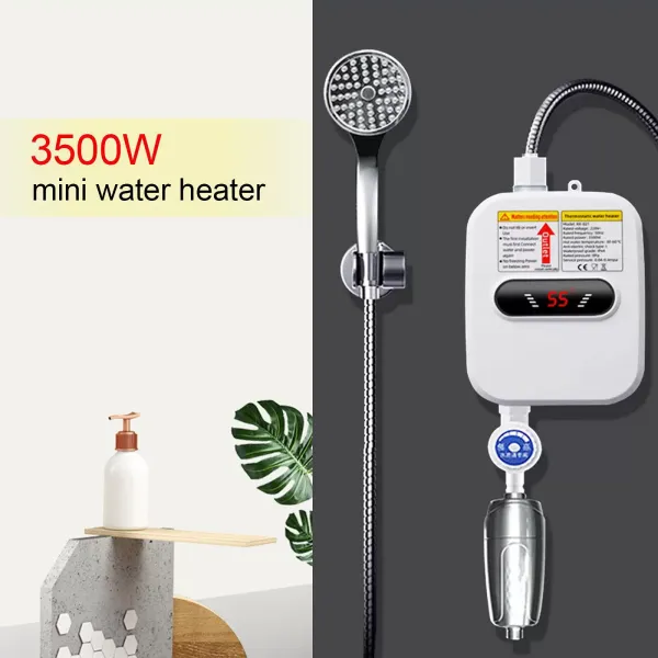 Mini Calentador de agua eléctrico de 3,5 kW, 220 V, con cabezal de ducha, calefacción instantánea para cocina, baño, calentador de agua de 55 ℃