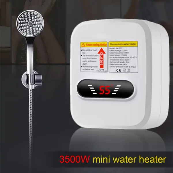 Mini Calentador de agua eléctrico de 3,5 kW, 220 V, con cabezal de ducha, calefacción instantánea para cocina, baño, calentador de agua de 55 ℃